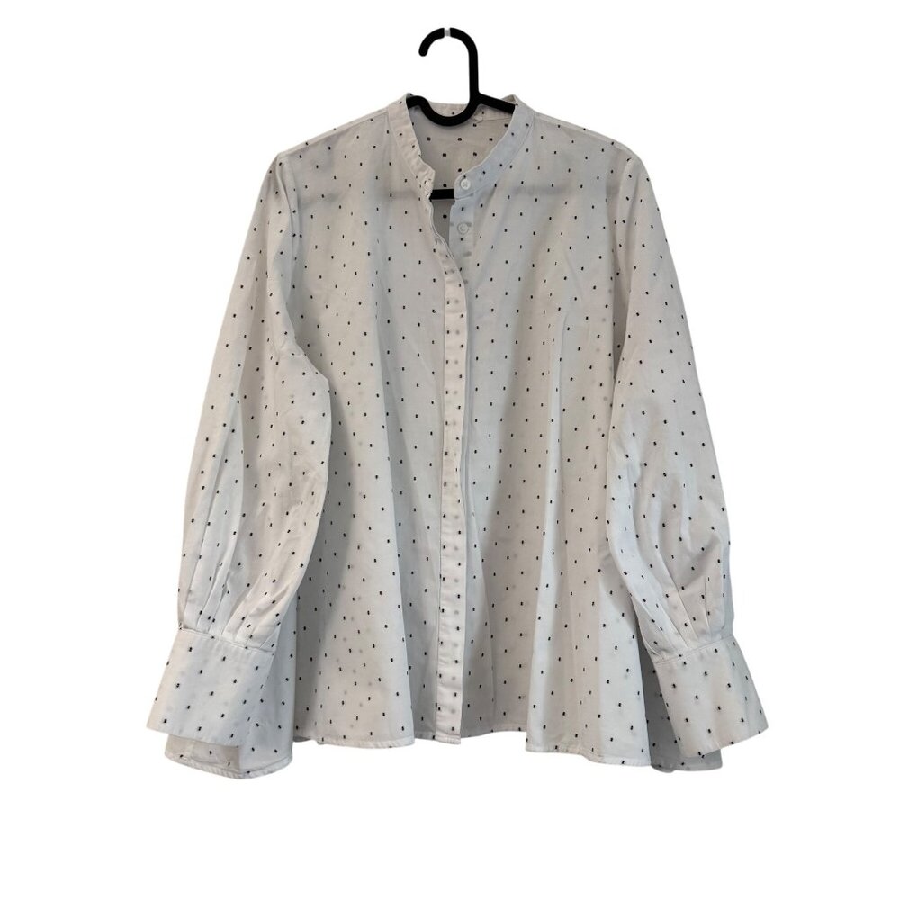 Hana San White Black Swiss Dot Boxy Oversized Long Sleeve Button Shirt Small